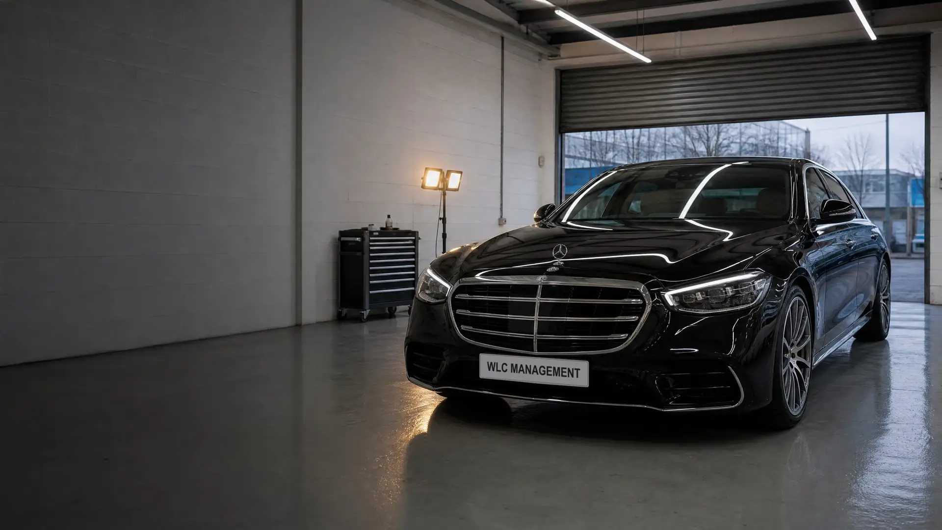 Freshly polished black Mercedes in the body shop, workshop lights reflected along the bonnet
